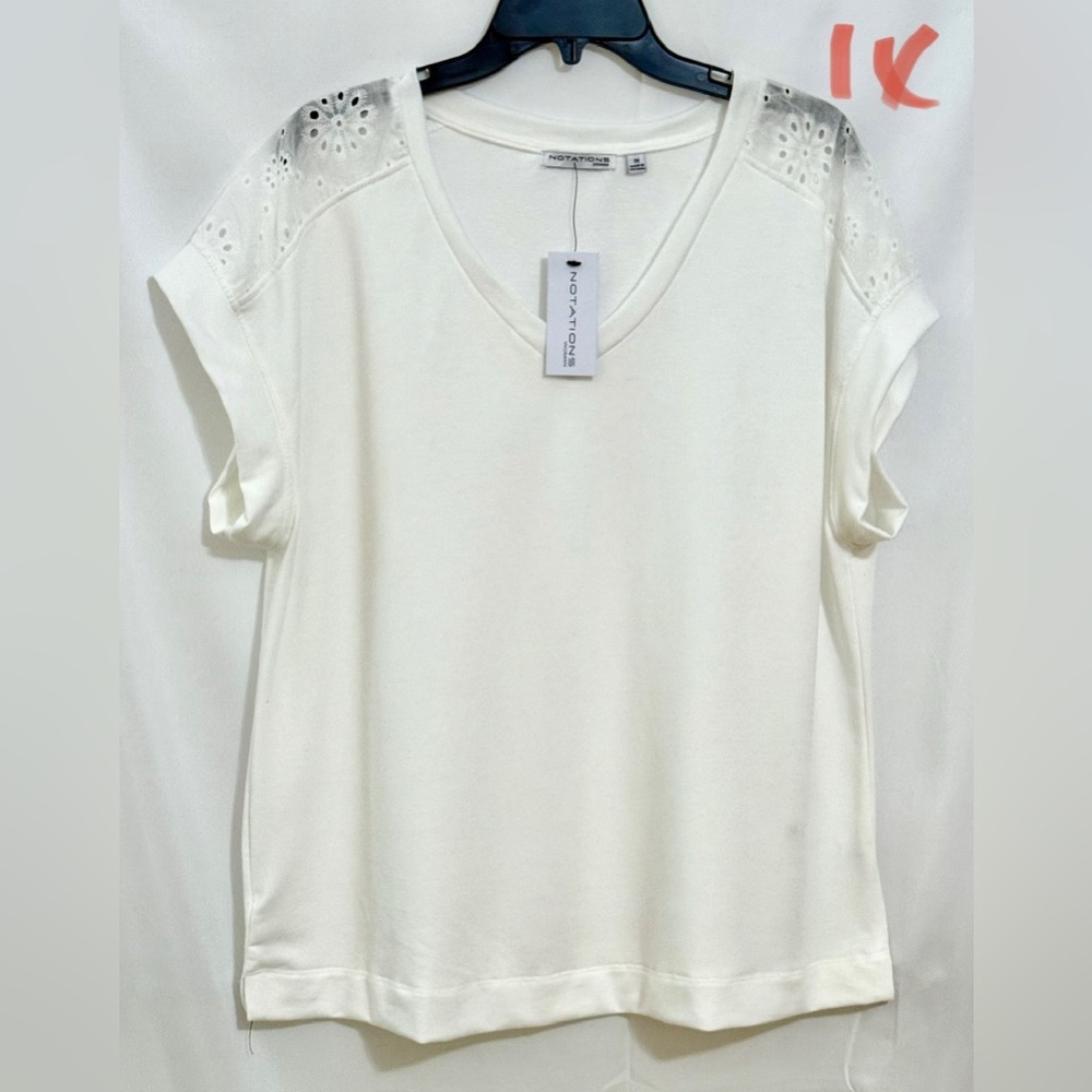 Notations White Short Sleeve Tee with Eyelet Detail